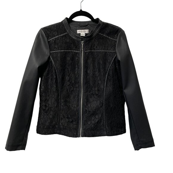 CHRISTOPHER & BANKS FAUX LEATHER JACKET LACE FULL ZIP SIZE M GOTH FEMININE BLACK - Picture 1 of 7